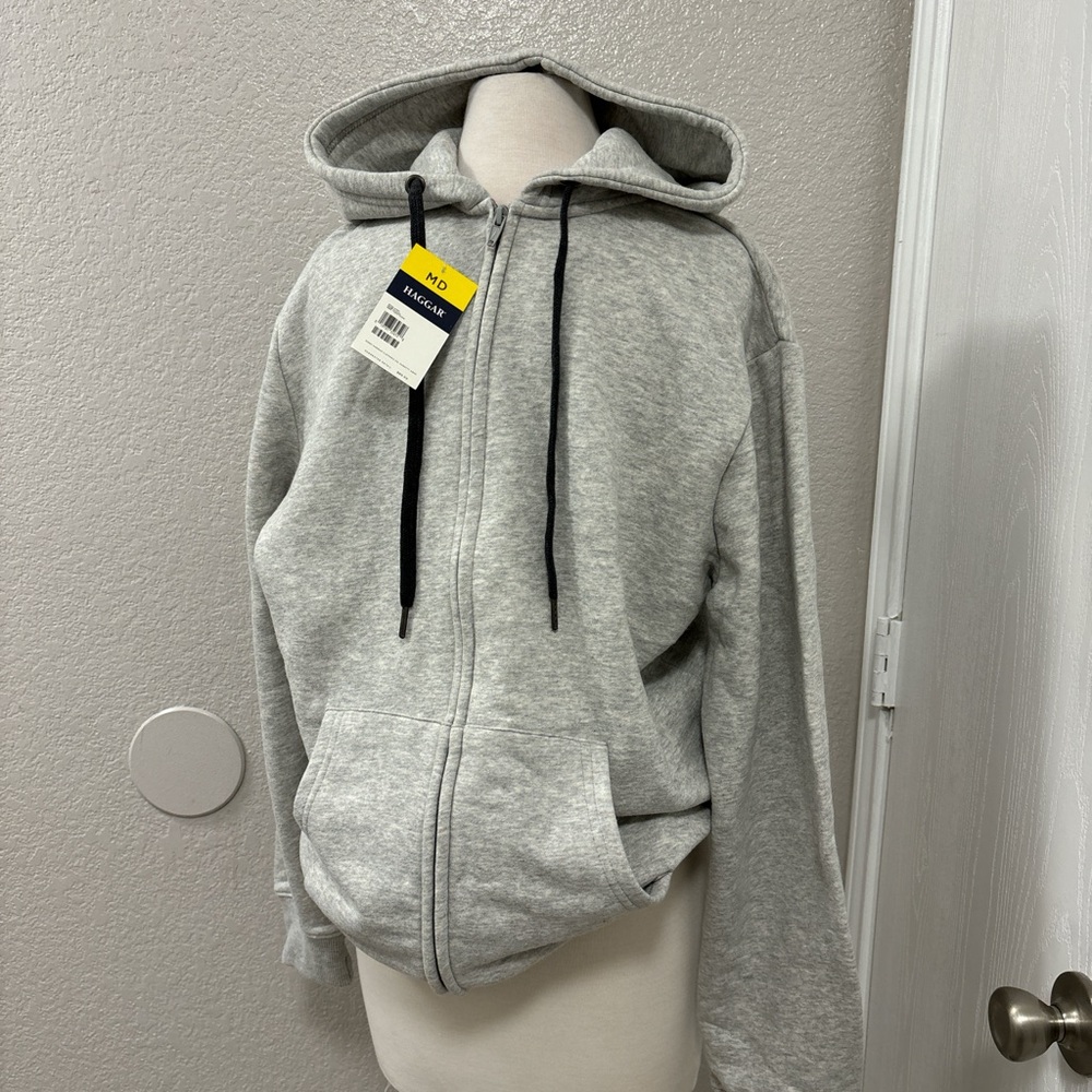 Gray Zip-Up Hoodie with Black Drawstrings